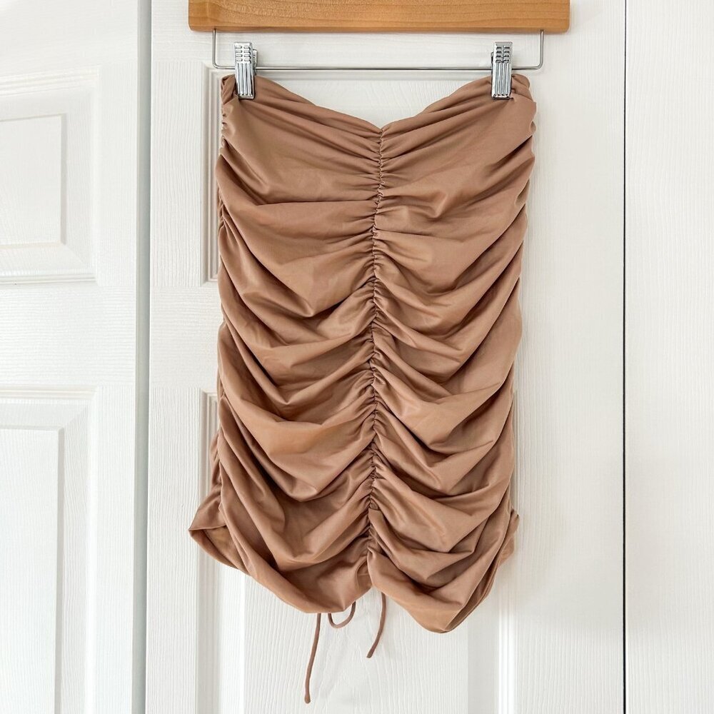 Michael Costello x REVOLVE Quinn Taupe Ruched Drawstring Mini Skirt Size Small - Picture 5 of 6